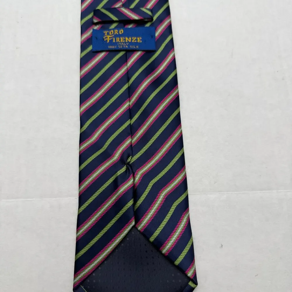 Toro Firenze Italy Silk Striped Tie Navy Pink Green Diagonal Necktie